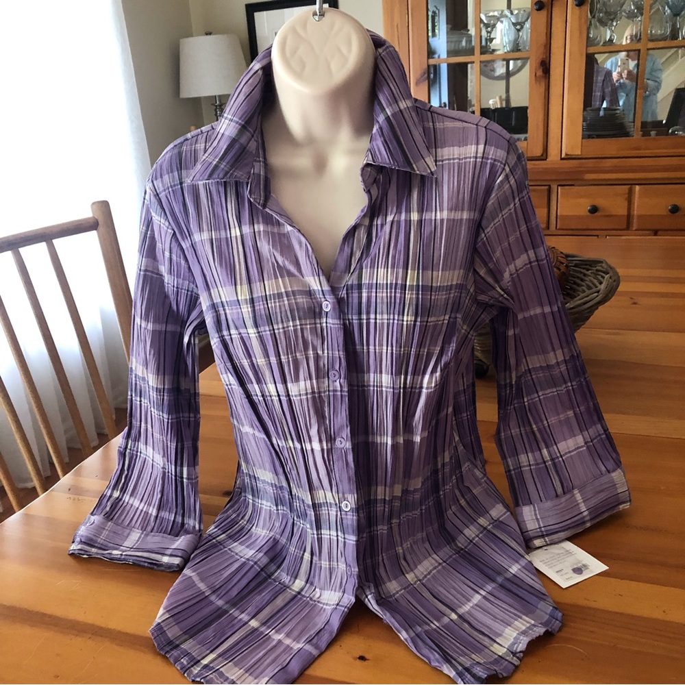 Croft & Barrow L Top Purple & White Striped Button Up Shirt Blouse 3/4 Sleeves.